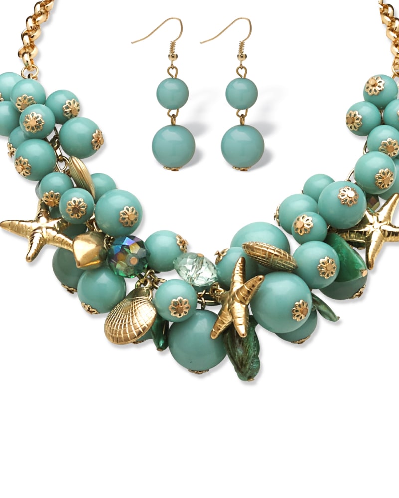 Front of a size 18 in 2 Piece Sea Life Jewelry Set in Yellow Gold Tone in Turquoise/Aqua by PalmBeach Jewelry. | dia_product_style_image_id:332996